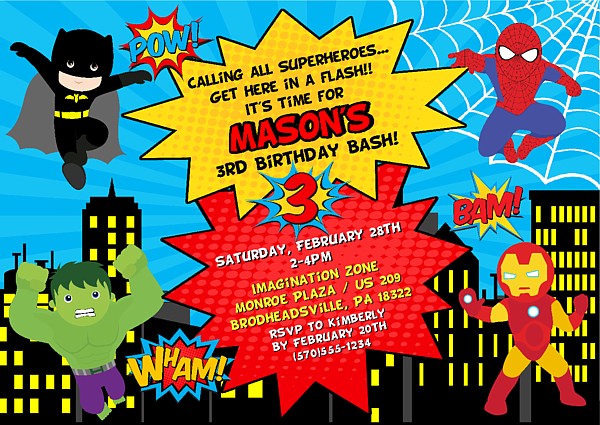 Superhero Birthday Party Invitations  Kids Birthday