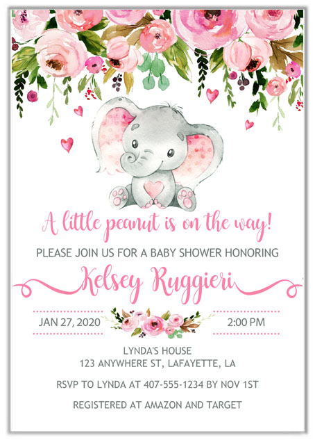 Cute Elephant Pink Baby Shower Invitation Details Card 