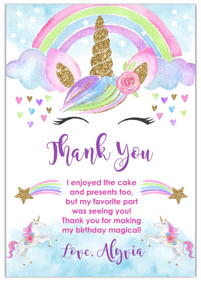 Rainbow Unicorn Thank You Cards Personalized