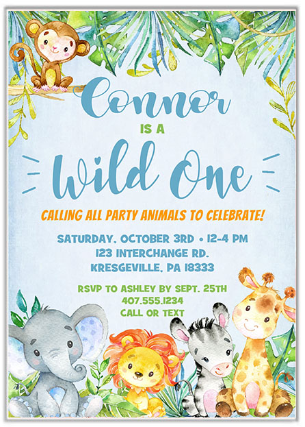 Wild One Jungle 1st Birthday Party Invitations