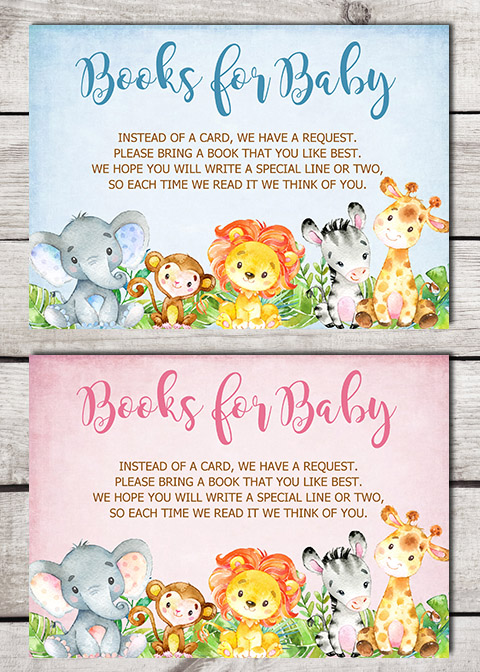 Jungle Animals Books for Baby Shower Insert Cards