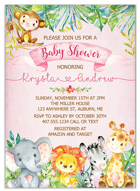 Jungle Animals Safari Girl Baby Shower Invitations