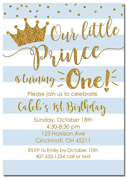 1st Birthday Boy Prince Crown Party Invitations