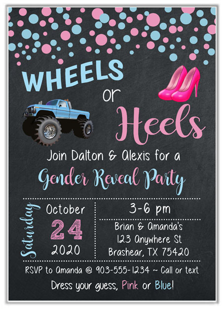 Wheels or Heels Gender Reveal Invitations